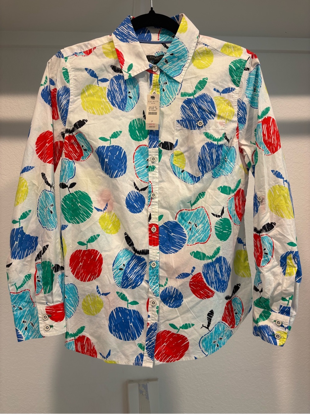 Talbots White Button-Down Shirt with Red, Blue, Green & Yellow Apple Print - NWT